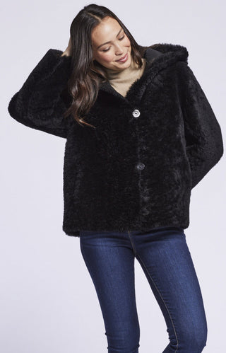 399HDB  Reversible hooded shearling jacket in black SOLD OUT $475