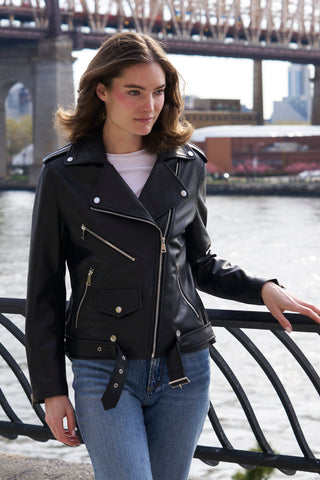 #422 Belted Leather Biker Jacket Mother's Day  3 daus only $295