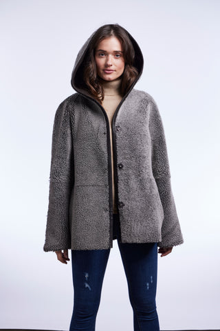 TEXTURED SHEARLING REVERSIBLE HOODIE in Gray with hood on