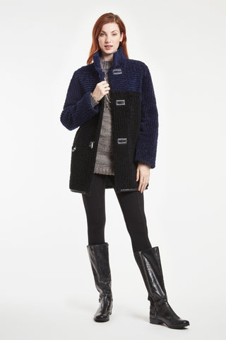 REVERSIBLE GROOVED SHEARLING BARN JACKET in Black/Navy with Model shot