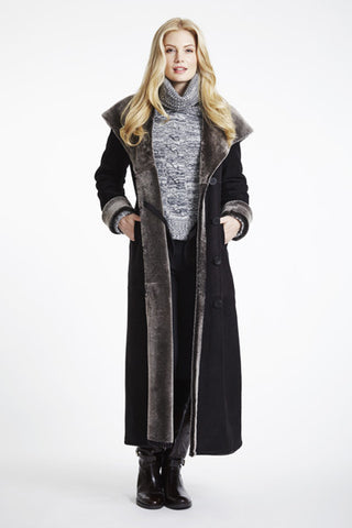 LONG LONG SHEARLING HOODED COAT with Large Shawl Collar That Converts To Hood