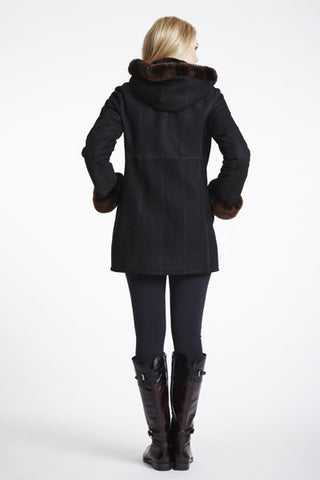 Back View of Fitted Shearling Jacket With Rex Rabbit Trimmed Hood And Cuffs with Model shot