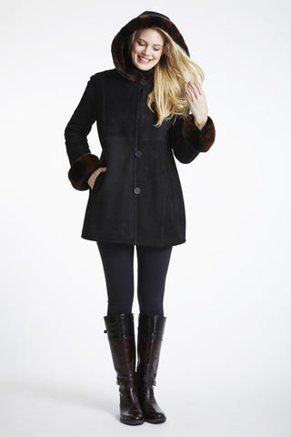Fitted Shearling Jacket With Rex Rabbit Trimmed Hood And Cuffs with Model shot
