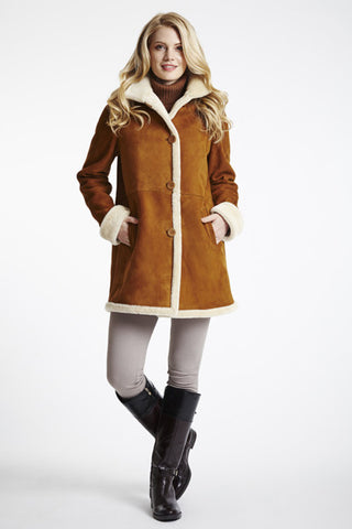 Easy Fit Shearling Jacket with Stand Collar Tan/White with Model shot