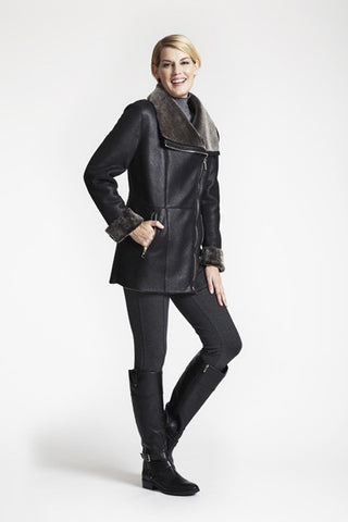 Asymmetrical Zip Front Jacket in Black Napa Spanish Merino micro shear shearling