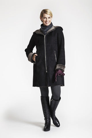 Fitted Shearling Coat With Zip Front And Hood in Soft Black