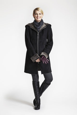 Fitted Shearling Coat With Zip Front And Hood in Soft Black