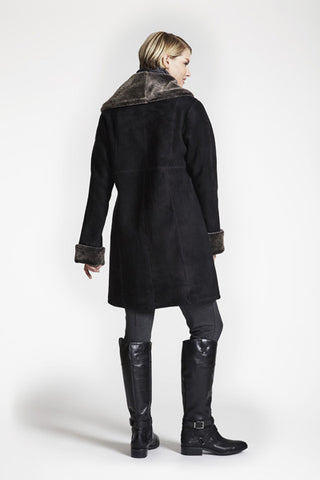 Back View of SHEARLING FITTED COAT in Soft Black with Shawl Collar