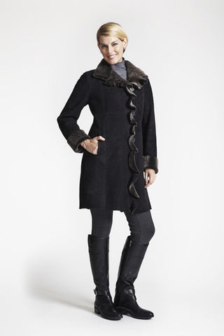 Shearling Ruffle Tuxedo Trim Jacket in Soft Black with Stand Collar