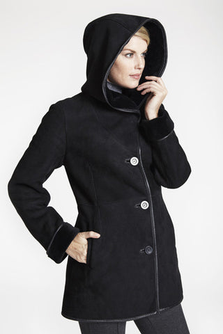 Fitted Leather Piped Jacket in Black with hood on