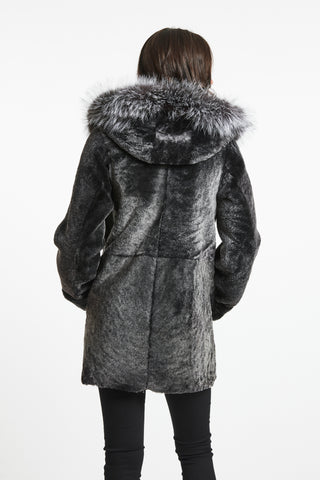 Back View of SHEARLING JACKET REVERSES TO LEATHER Textured Spanish shearling with fur hood