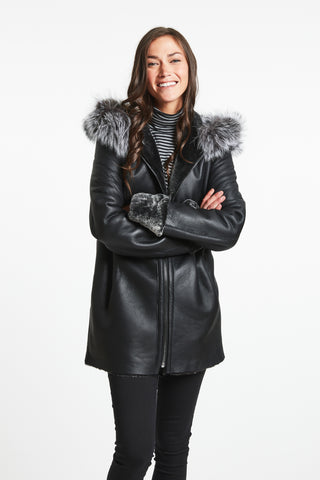 SHEARLING JACKET REVERSES TO LEATHER Textured Spanish shearling with fur hood