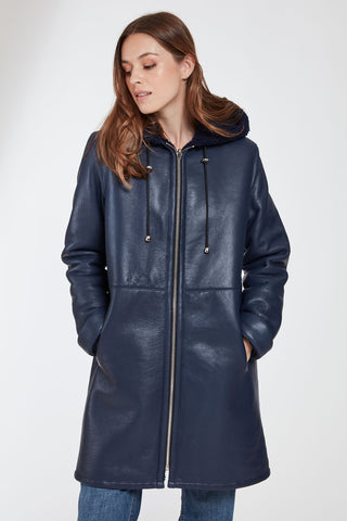 CURLY SHEARLING REVERSES TO LEATHER in Blue Zip Up with Model shot