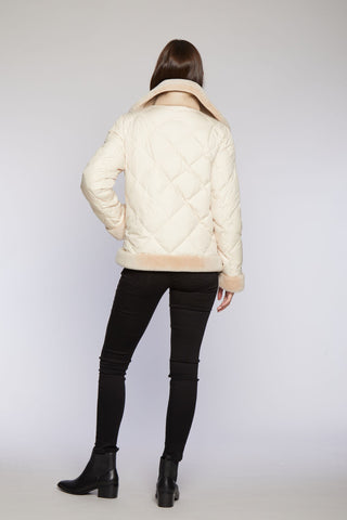 Back View of Vegan Fur Contempo Moto Jacket in Beige with leather trim