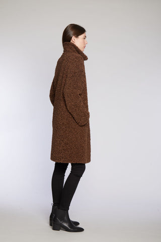 Side View of SOFT CURLY BOYFRIEND COAT in Brown with Notch collar