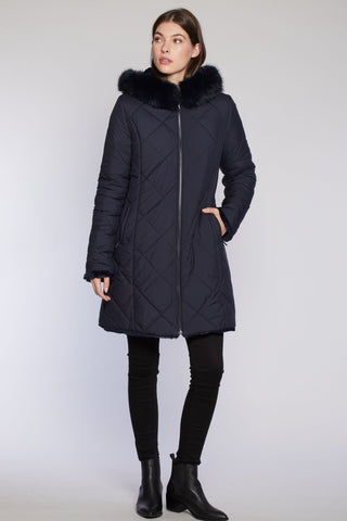 Hooded Quilted Puffer Reverses to Faux Fur