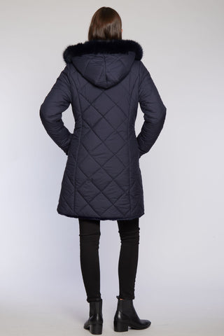 Back View of Hooded Quilted Puffer Reverses to Faux Fur