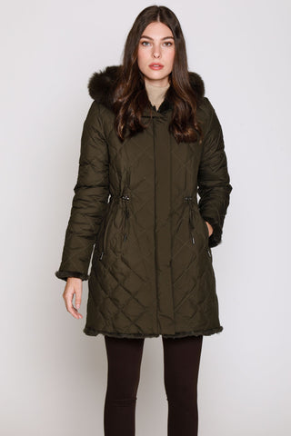 QUILTED PUFFER REVERSES TO FAUX FUR with in Brown Trimmed Hood