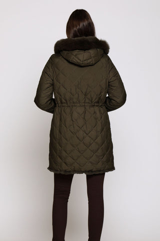 Back View of QUILTED PUFFER REVERSES TO FAUX FUR in Brown with Trimmed Hood