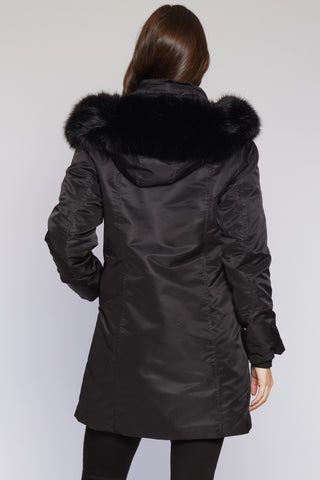 Back View of All Weather Storm Coat removable faux lining with hood down