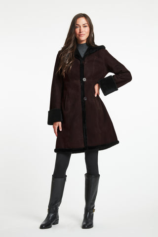 Shearling Fitted Coat With Shearling Hem& Stand Collar in Choco