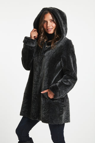 A-LINE REVERSIBLE SHEARLING TOPPER in Charco with hood on