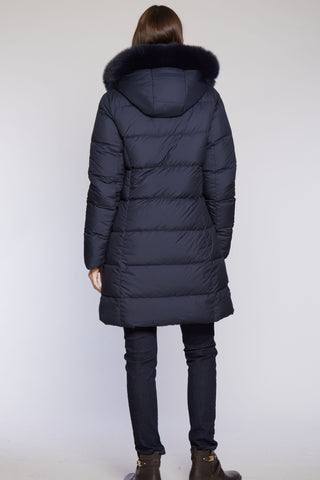 Back View of Goose Down Puffer Reverses to Sheared Rabbit in Navy with Fox Trimmed Hood