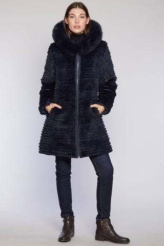 Other side of Goose Down Puffer Reverses to Sheared Rabbit in Black with Fox Trimmed Hood
