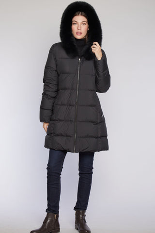 Goose Down Puffer Reverses to Sheared Rabbit in Black with Fox Trimmed Hood on