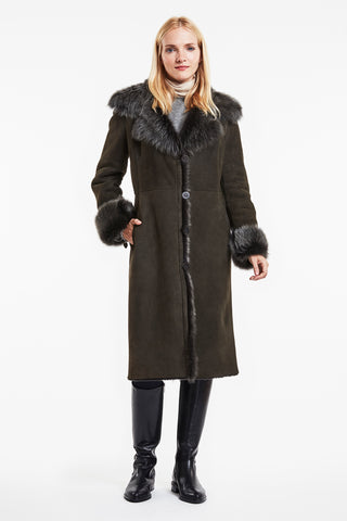 Shearling midi coat in Black/Black Dyed to match Toscana collar cuffs and front