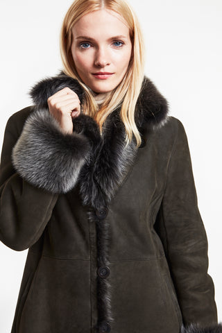 Shearling midi coat in Black/Black Dyed to match Toscana collar cuffs and front