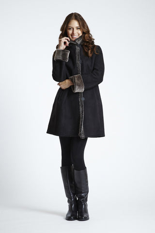 Fitted Stand Collar Shearling Coat with Model shot