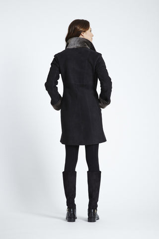 Back View of Fitted Stand Collar Shearling Coat with Model shot