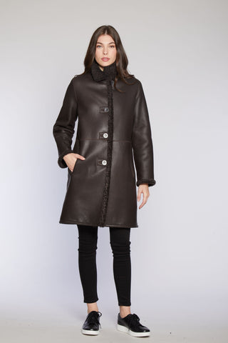 REVERSIBLE SHEARLING COAT REVERSES TO SOFT NAPPA SHEARLING in Brown with Stand Collar