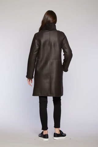 Back View of REVERSIBLE SHEARLING COAT REVERSES TO SOFT NAPPA SHEARLING in Brown with Stand Collar