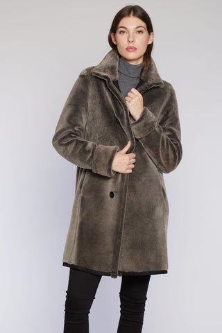 Reversible Spanish Merino Shearling Coat in Soft Black with Tall double fur collar