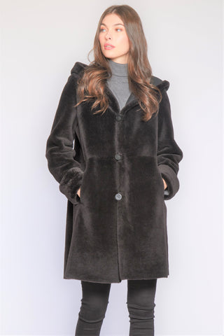 Hooded Reversible Shearling Coat Shown In Granite Nappa with Cozy hood