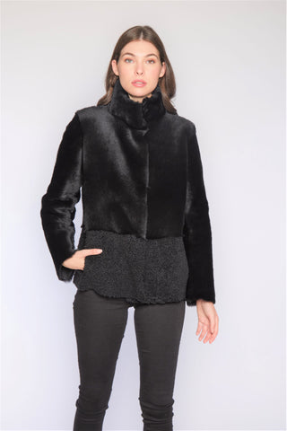 REVERSIBLE SHEARLING JACKET SHEARLING in Black with Double Fur Stand Collar