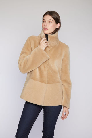 REVERSIBLE SHEARLING JACKET SHEARLING in Beige with Double Fur Stand Collar