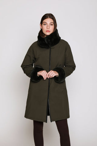 Water resistant Storm Coat Reverses to Layered Sheared Rabbit in Charcoal with Rex collar and Cuffs