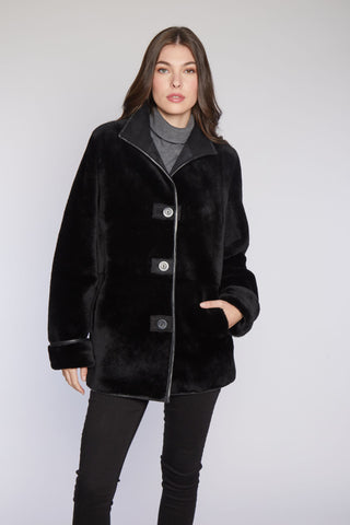 Reversible Merino Shearling Jacket in Black with Stand Collar
