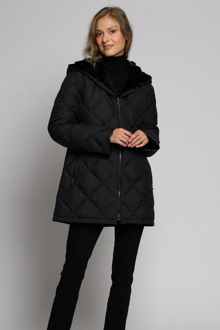 QUILTED GOOSE DOWN REVERSE TO LAYERED SHEARED RABBIT in Black with Cozy Hood