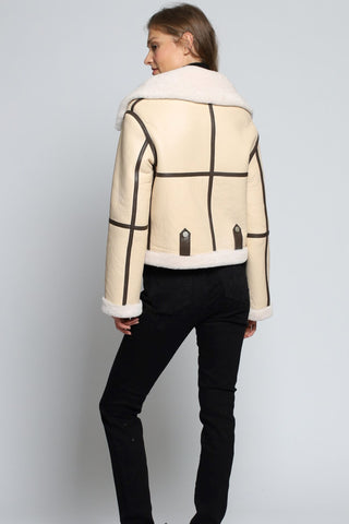Back View of Genuine Shearling Bomber with Bolster collar