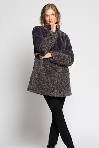 MULTI TEXTURE FAUX FUR TOPPER in Grey with Stand Collar