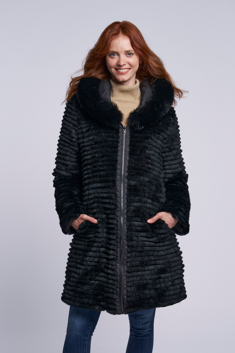 REVERSIBLE DOWN TO LAYERED RABBIT W/FOX HOOD | Blue Duck REVERSIBLE DOWN TO LAYERED RABBIT W/FOX HOOD | Blue Duck