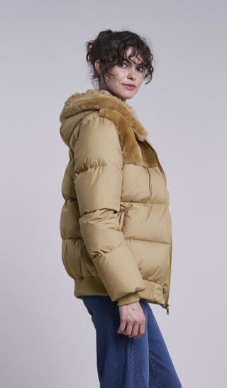 215HDC Down hooded jacket with shearling yoke  1/2 price GIFT OF WARMTH now $225