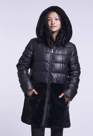 663HD Leather down and shearling hooded topper  deliovery 9/15