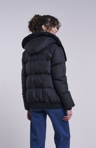 215HD Down hooded jacket with shearling yokeGIFT OF WARMTH $390