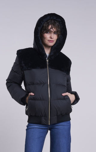 215HD Down hooded jacket with shearling yokeGIFT OF WARMTH $390