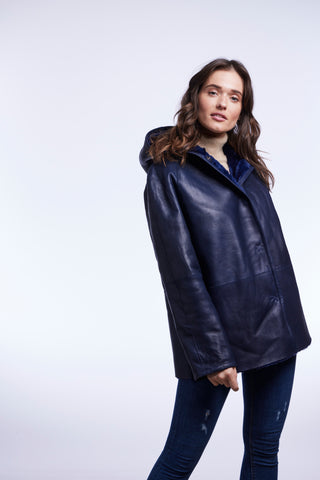 REVERSIBLE TWO TEXTURE SHEARLING HOODED JACKET in Indigo